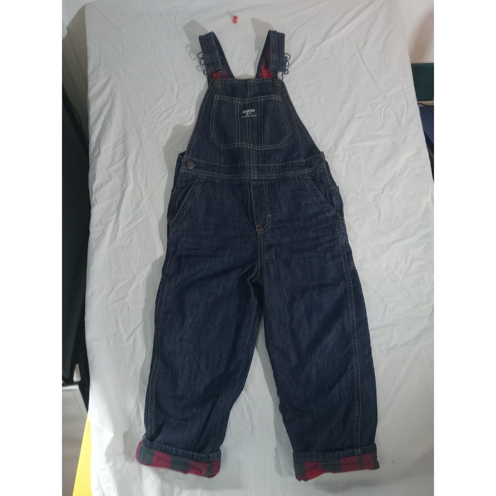 Oshkosh Bgosh Toddler Denim Overalls 5T With Red Plaid Lining Adjustable Straps